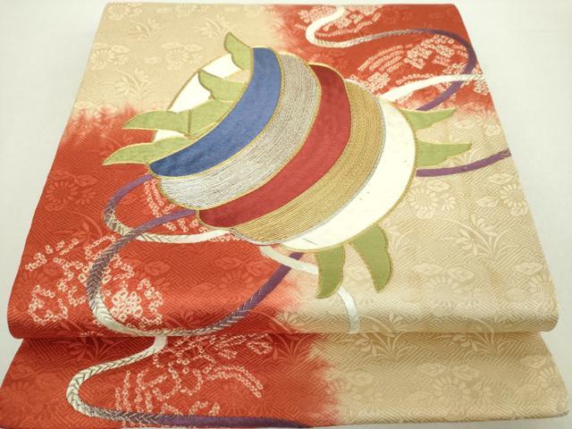 平和屋着物●アンティーク　大正ロマン　太鼓柄袋帯　駒刺繍　手刺繍　絞り　糸車花文　金銀糸　正絹　逸品　DABA1820ps