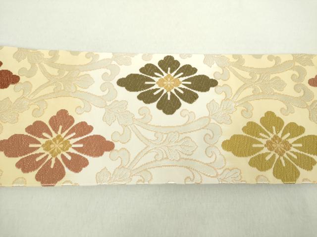 絹ほか 花唐草 九寸名古屋帯 金糸 蠟色に赤墨 美品 絹ほか 花唐草 九寸名古屋帯 金糸 蠟色に赤墨 美品