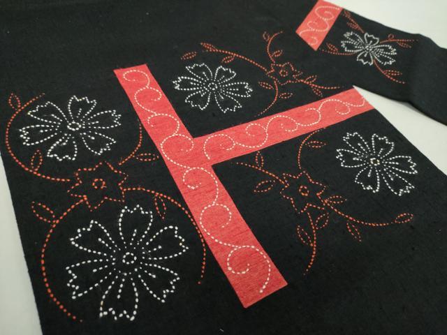 平和屋着物●九寸名古屋帯　作家物　紬地　刺し子　総刺繍　草花文　黒地　正絹　逸品　DABA1825ps