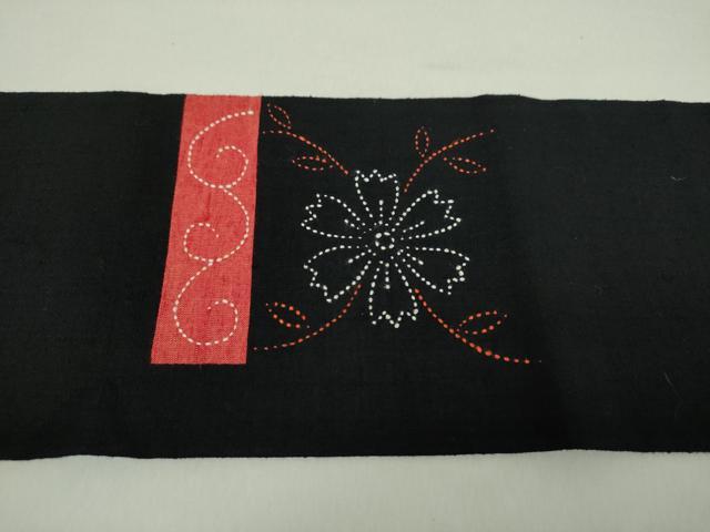 平和屋着物●九寸名古屋帯　作家物　紬地　刺し子　総刺繍　草花文　黒地　正絹　逸品　DABA1825ps
