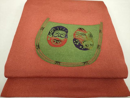 平和屋着物●九寸開き名古屋帯　型染　人物文　鬼しぼ縮緬　正絹　逸品　DABA1826ps