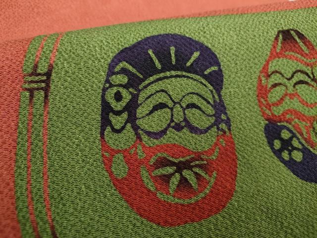 平和屋着物●九寸開き名古屋帯　型染　人物文　鬼しぼ縮緬　正絹　逸品　DABA1826ps 平和屋着物○九寸開き名古屋帯 型染 草花文 鬼しぼ縮緬 正絹 逸品