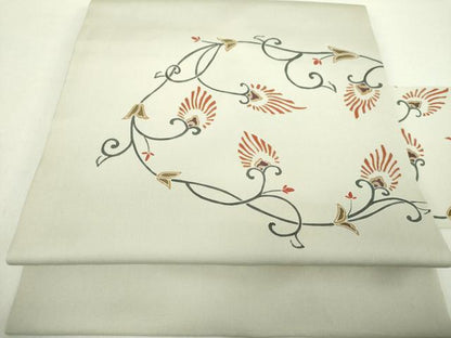 平和屋着物●塩瀬　九寸名古屋帯　刺繍　更紗花文　金彩　正絹　逸品　DABA1827ps