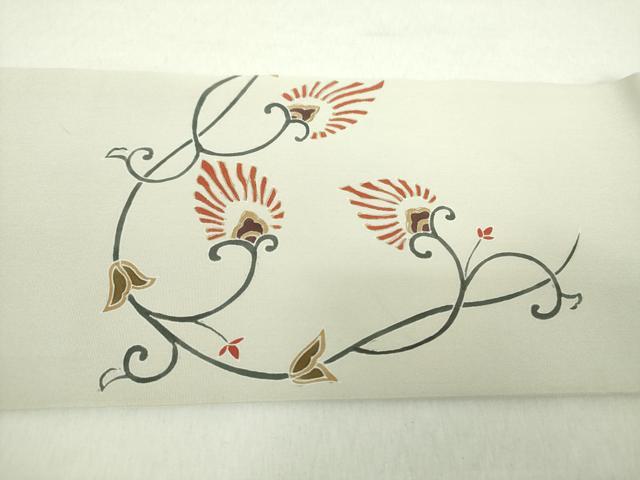 平和屋着物●塩瀬　九寸名古屋帯　刺繍　更紗花文　金彩　正絹　逸品　DABA1827ps