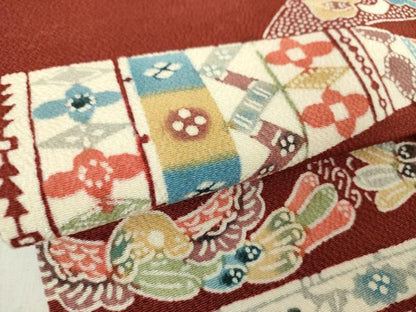 平和屋着物●九寸名古屋帯　型染　草木手染　更紗花鳥文　鬼しぼ縮緬　正絹　逸品　DABA1830ps