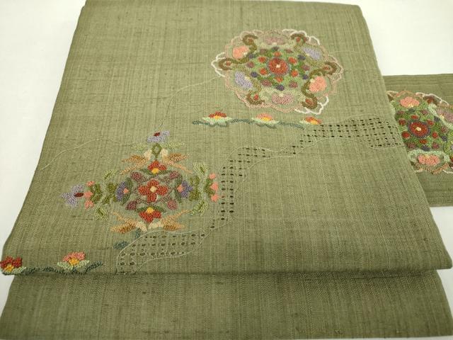 平和屋着物●中国三大刺繍　スワトウ相良刺繍　汕頭相良刺繍　総刺繍　九寸名古屋帯　紬地　正倉院花文　金糸　正絹　逸品　DABA1833ps