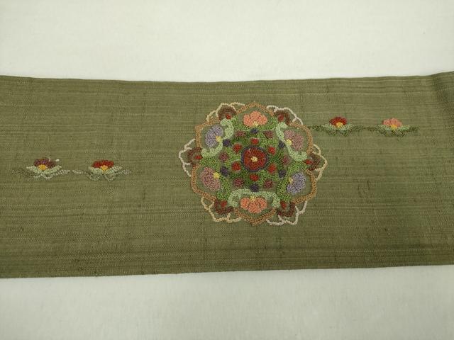 平和屋着物●中国三大刺繍　スワトウ相良刺繍　汕頭相良刺繍　総刺繍　九寸名古屋帯　紬地　正倉院花文　金糸　正絹　逸品　DABA1833ps