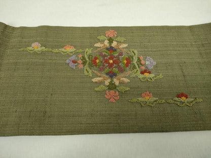 平和屋着物●中国三大刺繍　スワトウ相良刺繍　汕頭相良刺繍　総刺繍　九寸名古屋帯　紬地　正倉院花文　金糸　正絹　逸品　DABA1833ps