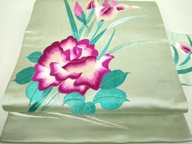 平和屋着物●アンティーク　大正ロマン　九寸名古屋帯　総手刺繍　草花文　金糸　正絹　逸品　DABA1840ps