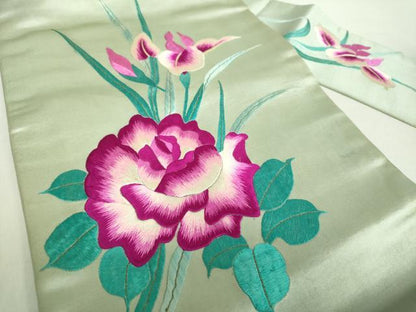 平和屋着物●アンティーク　大正ロマン　九寸名古屋帯　総手刺繍　草花文　金糸　正絹　逸品　DABA1840ps