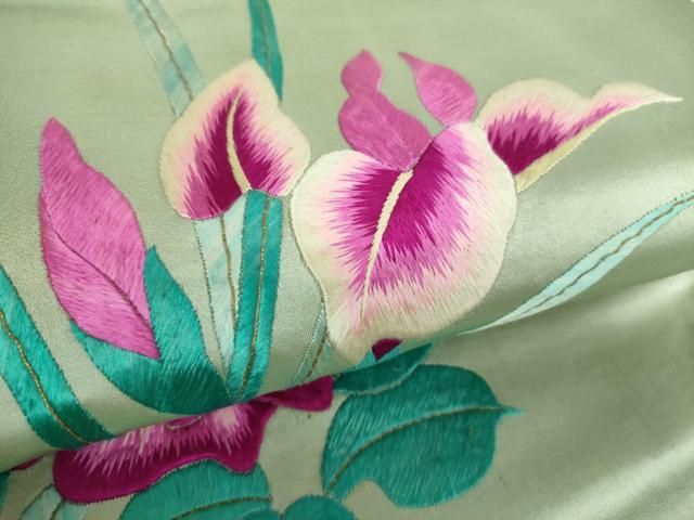 平和屋着物●アンティーク　大正ロマン　九寸名古屋帯　総手刺繍　草花文　金糸　正絹　逸品　DABA1840ps