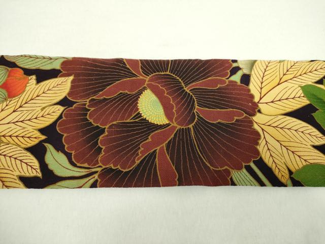 平和屋着物●創作　全通柄九寸名古屋帯　大輪の花　黒地　正絹　逸品　DABA1845ps 平和屋着物○創作 全通柄九寸名古屋帯 大輪の花 黒地