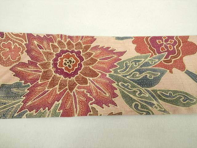 平和屋着物●全通柄九寸名古屋帯　紬地　型染　横段更紗花文　正絹　逸品　DABA1383ps 平和屋着物○九寸名古屋帯 紬地 更紗花文 正絹 逸品 DABA1846ps