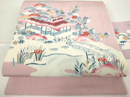 平和屋着物●九寸名古屋帯　友禅　渡橋風景　鬼しぼ縮緬　正絹　逸品　DABA1847ps