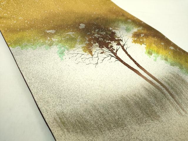 平和屋着物●塩瀬　九寸開き名古屋帯　ろうけつ染め　木立　金彩　正絹　逸品　DABA1850ps