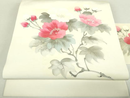 平和屋着物●塩瀬　九寸名古屋帯　手描き　枝花文　金彩　正絹　逸品　未使用　DABA1852ps