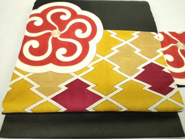 平和屋着物●アンティーク　大正ロマン　九寸名古屋帯　駒刺繍　竹屋町刺繍　松皮菱花文　黒地　金彩　正絹　逸品　DABA1855ps