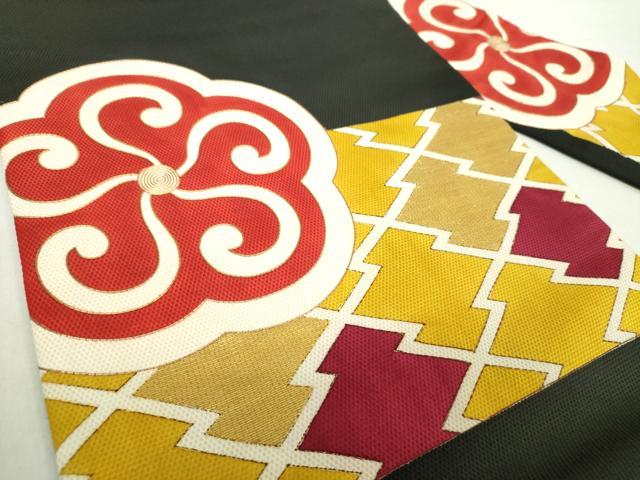 平和屋着物●アンティーク　大正ロマン　九寸名古屋帯　駒刺繍　竹屋町刺繍　松皮菱花文　黒地　金彩　正絹　逸品　DABA1855ps