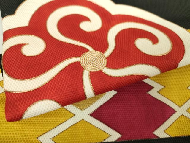 平和屋着物●アンティーク　大正ロマン　九寸名古屋帯　駒刺繍　竹屋町刺繍　松皮菱花文　黒地　金彩　正絹　逸品　DABA1855ps