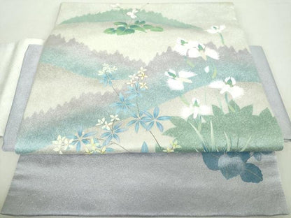 平和屋着物●つけ帯　手描き　刺繍　草花文　サギソウ　金彩　銀通し地　正絹　逸品　未使用　DABA1862ps