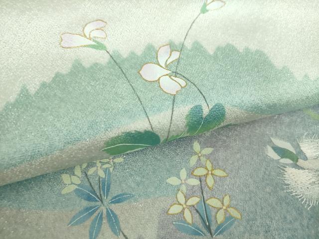 平和屋着物●つけ帯　手描き　刺繍　草花文　サギソウ　金彩　銀通し地　正絹　逸品　未使用　DABA1862ps
