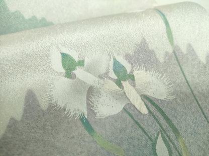 平和屋着物●つけ帯　手描き　刺繍　草花文　サギソウ　金彩　銀通し地　正絹　逸品　未使用　DABA1862ps