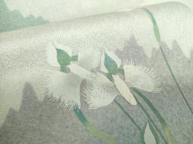平和屋着物●つけ帯　手描き　刺繍　草花文　サギソウ　金彩　銀通し地　正絹　逸品　未使用　DABA1862ps
