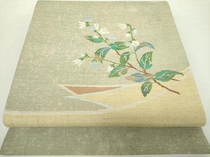 平和屋着物▼太鼓柄袋帯 紬地 草花文 正絹 逸品 DABA1868ps