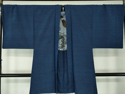 平和屋着物●男性 貴峰紬 アンサンブル 長羽織 紺地 証紙付き 正絹 逸品 DABA1875ps