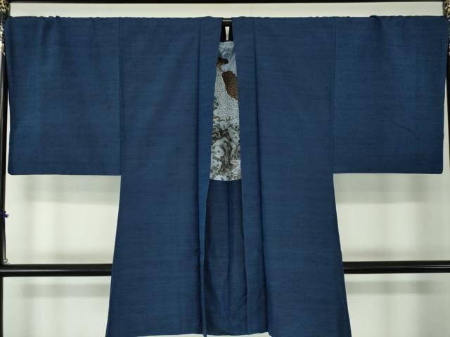 平和屋着物●男性 貴峰紬 アンサンブル 長羽織 紺地 証紙付き 正絹 逸品 DABA1875ps