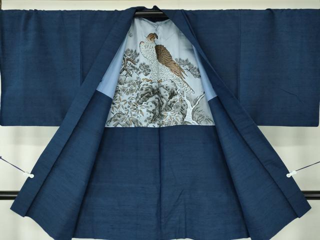 平和屋着物●男性 貴峰紬 アンサンブル 長羽織 紺地 証紙付き 正絹 逸品 DABA1875ps