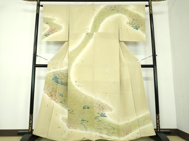 平和屋着物●訪問着　風景花文　暈し染め　鬼しぼ縮緬　阪急百貨店扱い　正絹　逸品　DABA1924ps