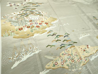 平和屋着物●訪問着　刺繍　水辺風景花文　暈し染め　金彩　正絹　逸品　DABA1926ps