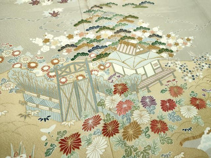 平和屋着物●訪問着　刺繍　水辺風景花文　暈し染め　金彩　正絹　逸品　DABA1926ps