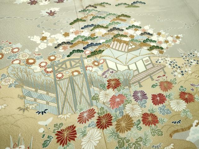 平和屋着物●訪問着　刺繍　水辺風景花文　暈し染め　金彩　正絹　逸品　DABA1926ps
