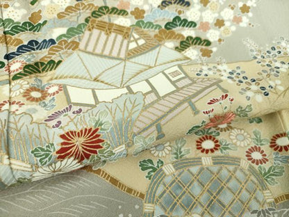 平和屋着物●訪問着　刺繍　水辺風景花文　暈し染め　金彩　正絹　逸品　DABA1926ps