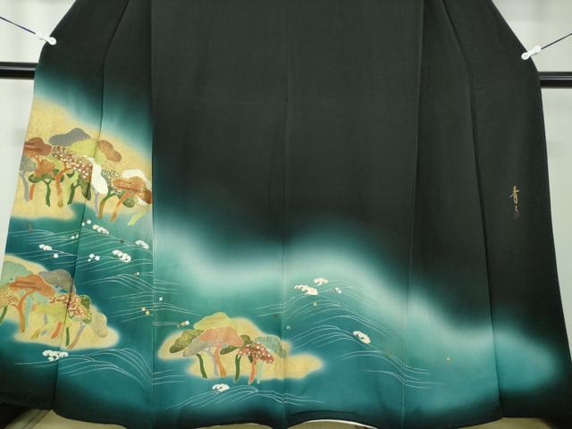 平和屋着物●京友禅の第一人者　松井青々　黒留袖　駒刺繍　浜松文　暈し染め　金彩　正絹　逸品　DABA1928ps 平和屋着物○京友禅の第一人者 松井青々 色留袖 エ霞草花文 金銀彩