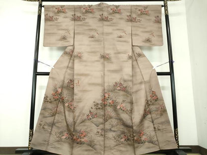 平和屋着物●訪問着　紬地　手描き　花鳥文　さが美扱い　正絹　逸品　未使用　DABA1931ps