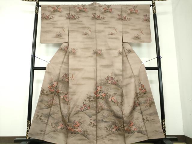 平和屋着物●訪問着　紬地　手描き　花鳥文　さが美扱い　正絹　逸品　未使用　DABA1931ps