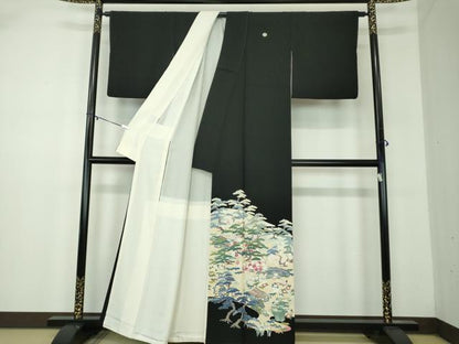 平和屋着物●豪華黒留袖　友禅　作家物　風景花文　正絹　逸品　DABA1934ps