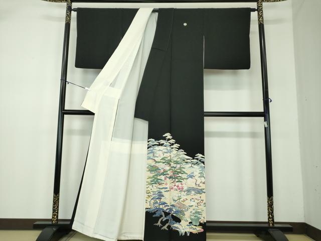平和屋着物●豪華黒留袖　友禅　作家物　風景花文　正絹　逸品　DABA1934ps
