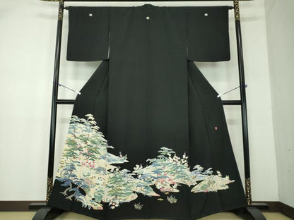 平和屋着物●豪華黒留袖　友禅　作家物　風景花文　正絹　逸品　DABA1934ps