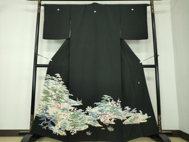 平和屋着物●豪華黒留袖　友禅　作家物　風景花文　正絹　逸品　DABA1934ps