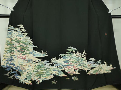 平和屋着物●豪華黒留袖　友禅　作家物　風景花文　正絹　逸品　DABA1934ps