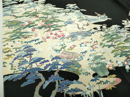 平和屋着物●豪華黒留袖　友禅　作家物　風景花文　正絹　逸品　DABA1934ps