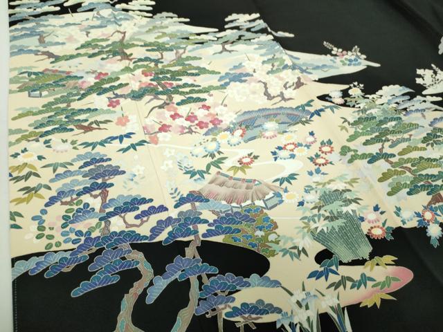 平和屋着物●豪華黒留袖　友禅　作家物　風景花文　正絹　逸品　DABA1934ps