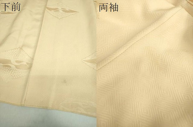 平和屋着物●上質な色無地　双鶴菱地紋　鳥の子色　正絹　逸品　DABA1941ps