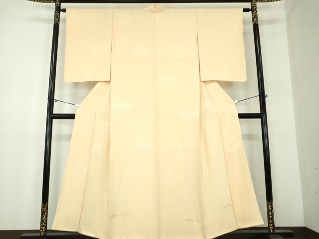 平和屋着物●上質な色無地　双鶴菱地紋　鳥の子色　正絹　逸品　DABA1941ps