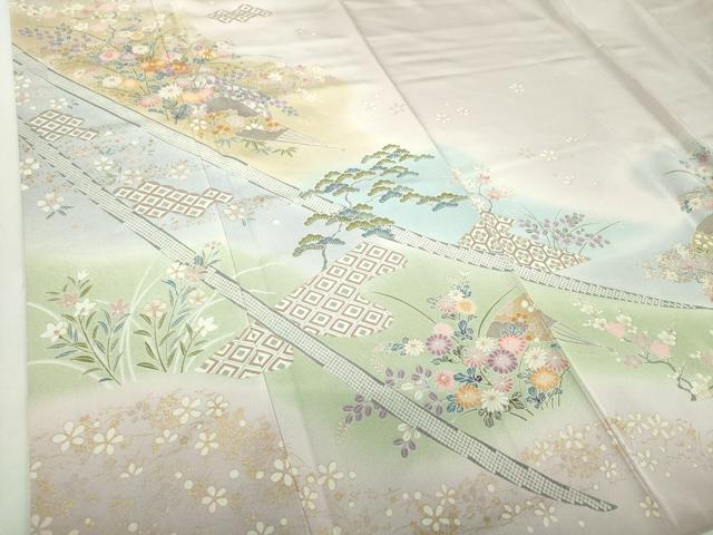 平和屋着物●訪問着　駒刺繍　扇面吉祥花文　暈し染め　金彩　正絹　逸品　DABA1945ps