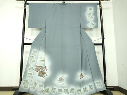 平和屋着物●訪問着　百人一首　カルタ　御所車人物風景文　暈し染め　金彩　正絹　逸品　DABA1962ps